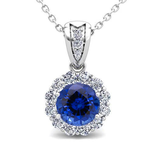 Ceylon Sapphire & Natural Earth Mined Diamond Pendant Necklace 2.90 Carat White Gold 14K
