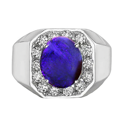 Lightning Opal Men's Diamond Ring White Gold 14K