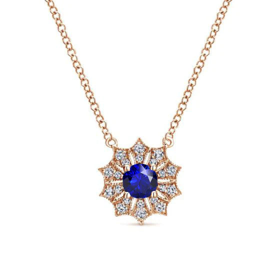 Like Edwardian Jewelry Rose Gold Round Sapphire Pendant Necklace Star Style