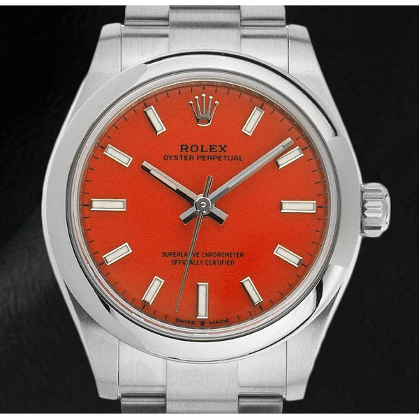277200 Rolex Oyster Perpetual 31mm Coral Red Luminous Dial Steel Men's Watch