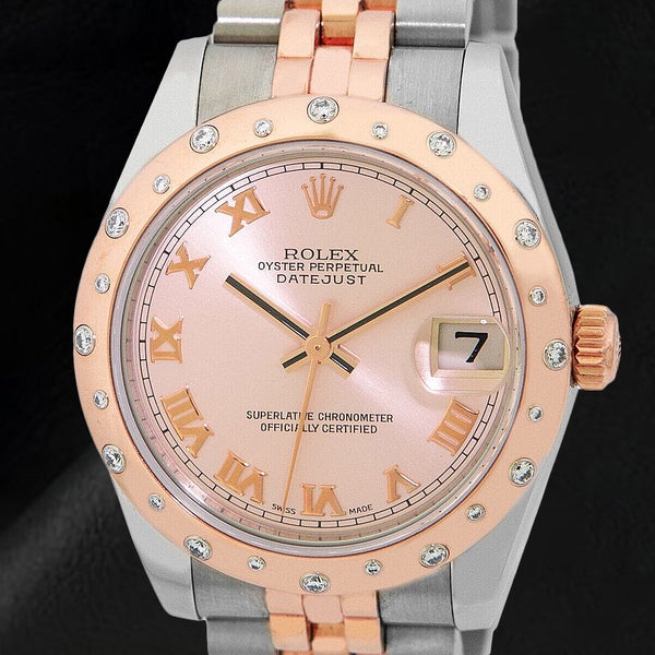 178341 Rolex Datejust Pink Roman Dial Diamond Bezel Rose Gold Steel Watch