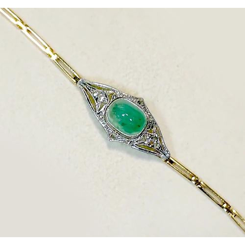 Jade Cobochon Bracelet With Diamonds 6.50 Ct Two Tone Gold 14K