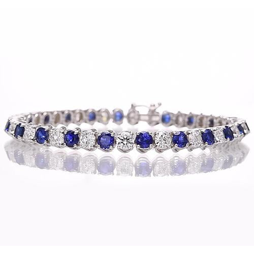  Blue Sapphire   Amazing Womans Anneversary   & Diamond Tennis Bracelet  White Gold