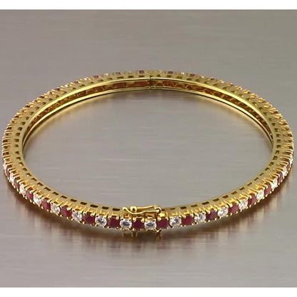 Yellow Gold New Amazing Womans Anneversary  Ruby And Diamond Tennis Bangle