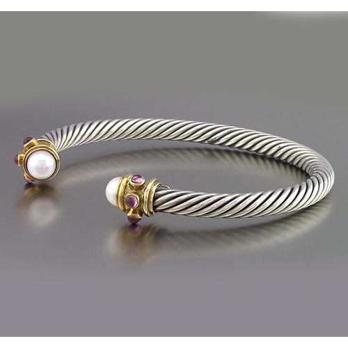 White & Yellow Gold Pearl & Pink Sapphire Bracelet  LAdies Weeding  Jewelry New Gemstone Bracelet Gemstone Bracelet