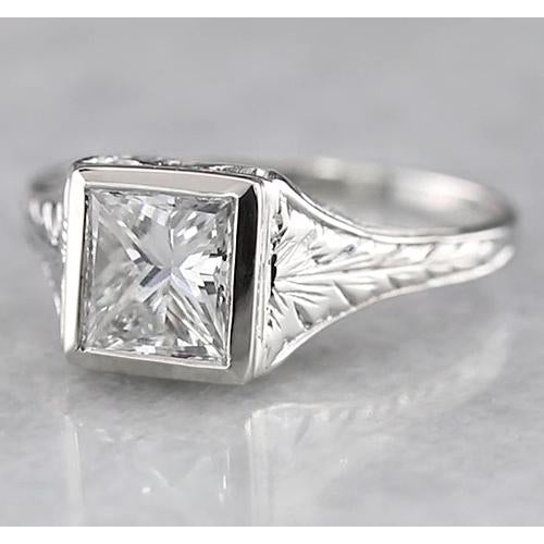 Engagement Ring 1 Carat Solitaire Princess Diamond Ring Antique Style White Gold 14K