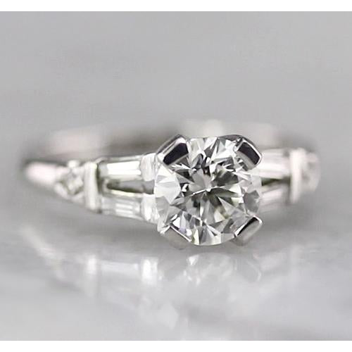 Engagement Ring Round Diamond Ring 1.75 Carats With Baguettes White Gold 14K