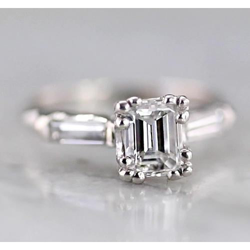 Three Stone Ring 1.60 Carats Emerald Diamond 3 Stone Ring Baguettes White Gold 14K