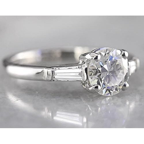 Three Stone Ring Round Diamond 3 Stone Ring Baguettes White Gold 14K 1.60 Carats
