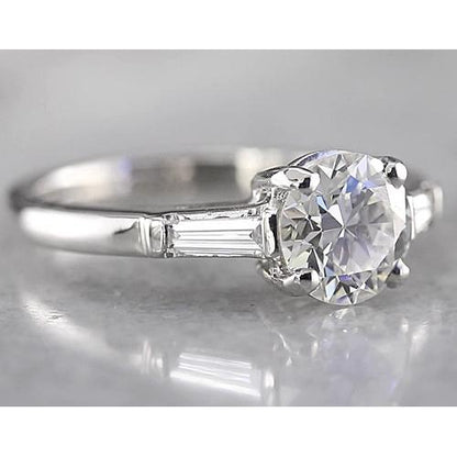 Three Stone Ring Round Diamond 3 Stone Ring Baguettes White Gold 14K 1.60 Carats