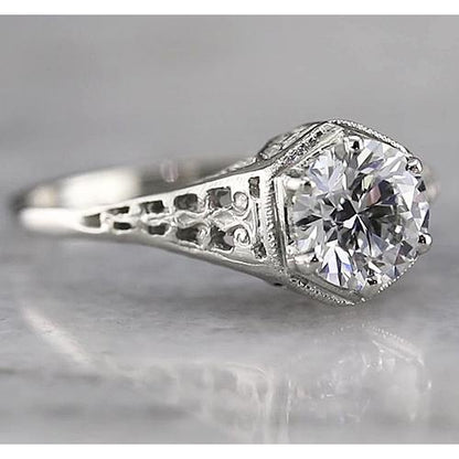 Engagement Ring Antique Style Round Solitaire Diamond Ring 1.50 Carats White Gold 14K