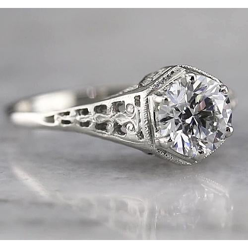 Engagement Ring Antique Style Round Solitaire Diamond Ring 1.50 Carats White Gold 14K