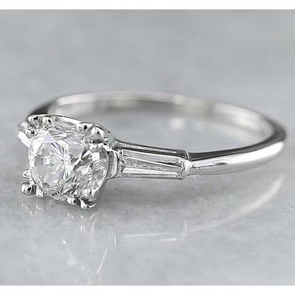 Three Stone Ring Round Diamond Three Stone Ring Baguettes F Vs1 Vvs1 White Gold 14K 1.50 Carats