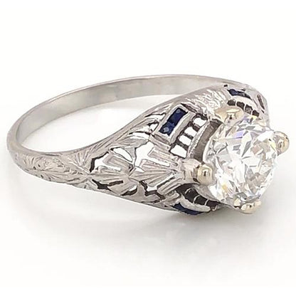 Antique Style Diamond Ring  Blue Sapphire White Gold Jewelry Solitaire 