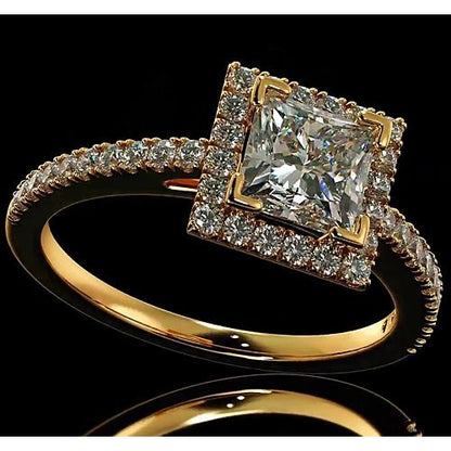 Halo Ring Diamond Engagement Ring 3.50 Carats Halo Princess Cut 14K Yellow Gold