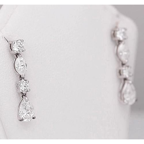 Dangle Earrings Drop Diamond Earring Pear Round Marquise 4.50 Carats White Gold 14K