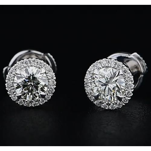  Round Brilliant Engagement White Gold Diamond Studs Halo Earrings