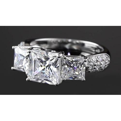 Three Stone Ring Princess Cut Diamond Engagement Ring 5 Carats White Gold Three Stone 14K