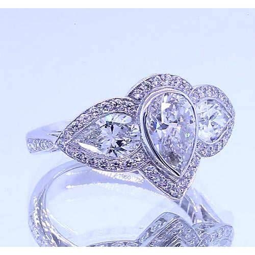 Three Stone Ring 6 Carats Pear Diamond Anniversary Ring Vintage Inspired White Gold 14K Three Stone