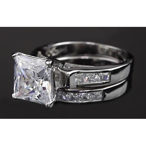 Engagement Ring Set 4 Carats Princess Cut Diamond Engagement Ring Set White Gold 14K Channel Setting