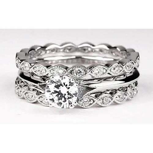 Engagement Ring Set Vintage Look Round Diamond Engagement Ring Set White Gold 14K 2 Carats