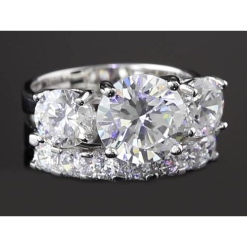Engagement Ring Set Three-Stone 5 Carats Round Anniversary Ring Set White Gold 14K