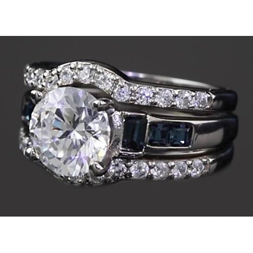 Engagement Ring Set 4.50 Carats Engagement Ring Set Round Diamonds Accented Blue Green Sapphire Jewelry