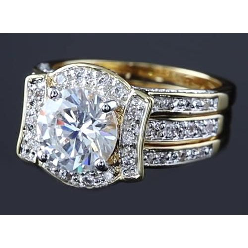 Engagement Ring Set 4 Carats Anniversary Ring Set Round Diamond Yellow Gold 14K