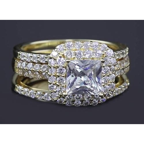 Halo Ring 3 Carats Princess Cut Diamond Halo Yellow Gold Ring