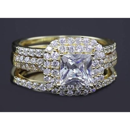 Halo Ring 3 Carats Princess Cut Diamond Halo Yellow Gold Ring