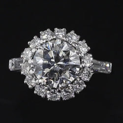 Diamond Halo Engagement Ring 3 Carats Baguettes and Round Diamonds White Gold 14K