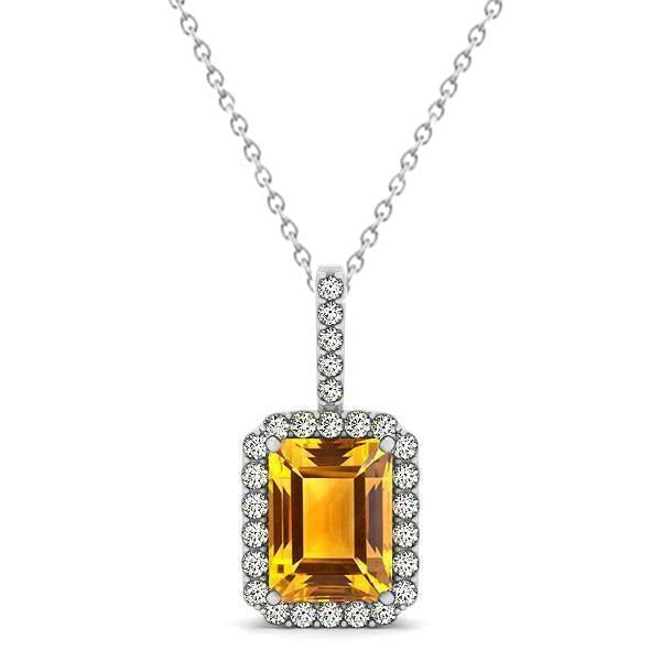 Madeira Citrine Halo Diamond Pendant Necklace 15 Carats White Gold 14K