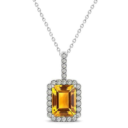 Madeira Citrine Halo Diamond Pendant Necklace 15 Carats White Gold 14K