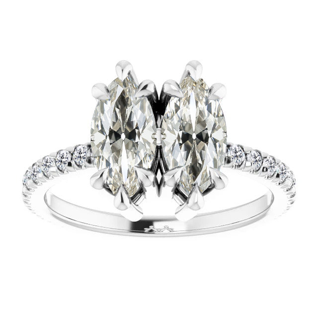 Marquise And Round Diamond Old Cut Prong Set White Gold Ring 3 Carats