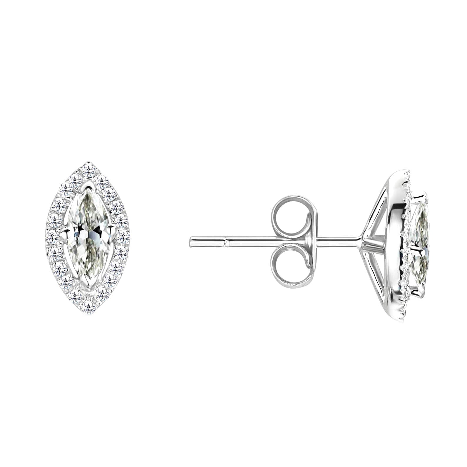 Fancy Marquise Old Miner Diamond Halo Stud Earrings V Prong Set