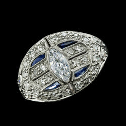 Real  Marquise Old Miner Diamond & Blue Sapphire Ring Milgrain 3.25 Carats