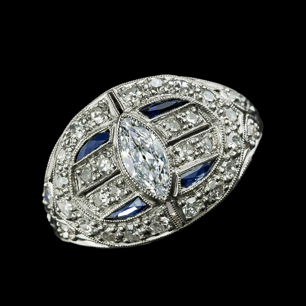 Bezel Marquise Old Miner Diamond & Blue Sapphire Ring Milgrain 3.25 Carats
