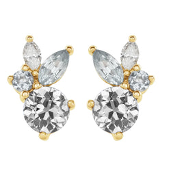 Marquise & Round Old Miner Diamond Studs 3 Stone 9 Carats Yellow Gold