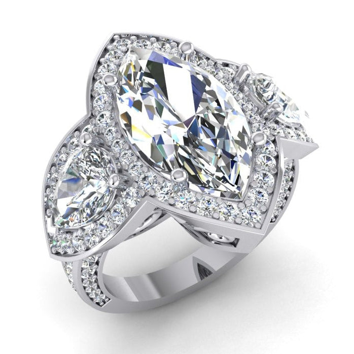 3 Stone Halo Ring With Pear and Marquise Diamonds 7.45 Carats