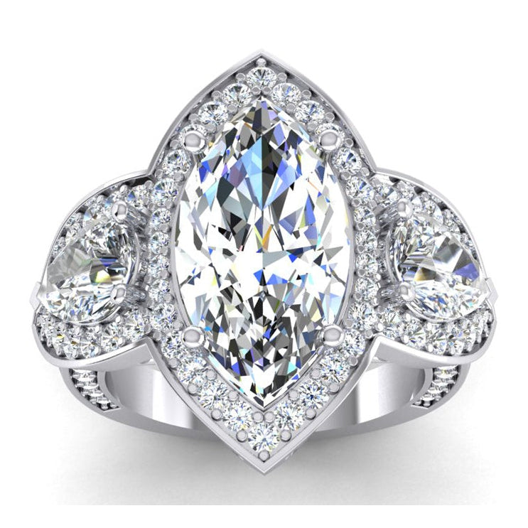 3 Stone Halo Ring With Pear and Marquise Natural Earth Mined Diamonds 7.45 Carats