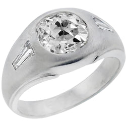 Men's Gypsy Three Stone Ring Baguette & Round Old Mine Cut Diamonds