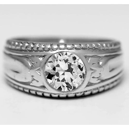 Men’s Round Old Mine Cut Bezel Set Diamond Ring 2 Carats