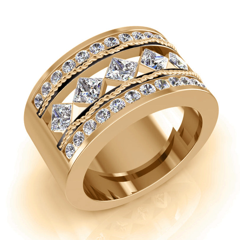 Men's Ring Rope Wave 5 Stone Band Black Gold Accents 3.75 Carats