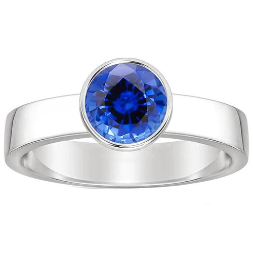 Mens Solitaire Ring Bezel Set Round Blue Sapphire 2 Carat Thick Shank