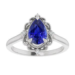 Milgrain Blue Sapphire Ring 2.25 Ct Halo Pear & Round Diamonds