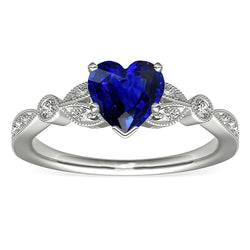 Miligrain Deep Blue Sapphire Ring 3 Carats Round Natural Earth Mined Diamond Leaf Style