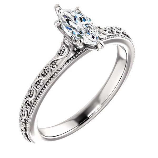 Miligrain Diamond Solitaire Ring Marquise 1.50 Carats White Gold 14K