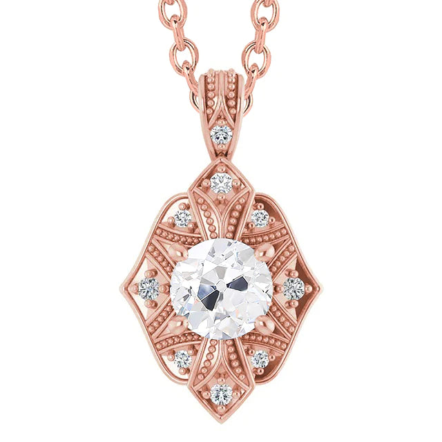 Milligrain Diamond Pendant 2.50 Carats Round Old Cut Jewelry Gold 14K