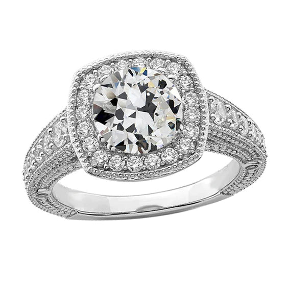 Milligrain Halo Anniversary Ring Old Mine Cut Diamond 4 Carats