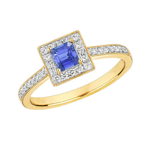 Milligrain Yellow Gold Diamond Ring Halo Ceylon Sapphire Best Amazing Stylish womans  